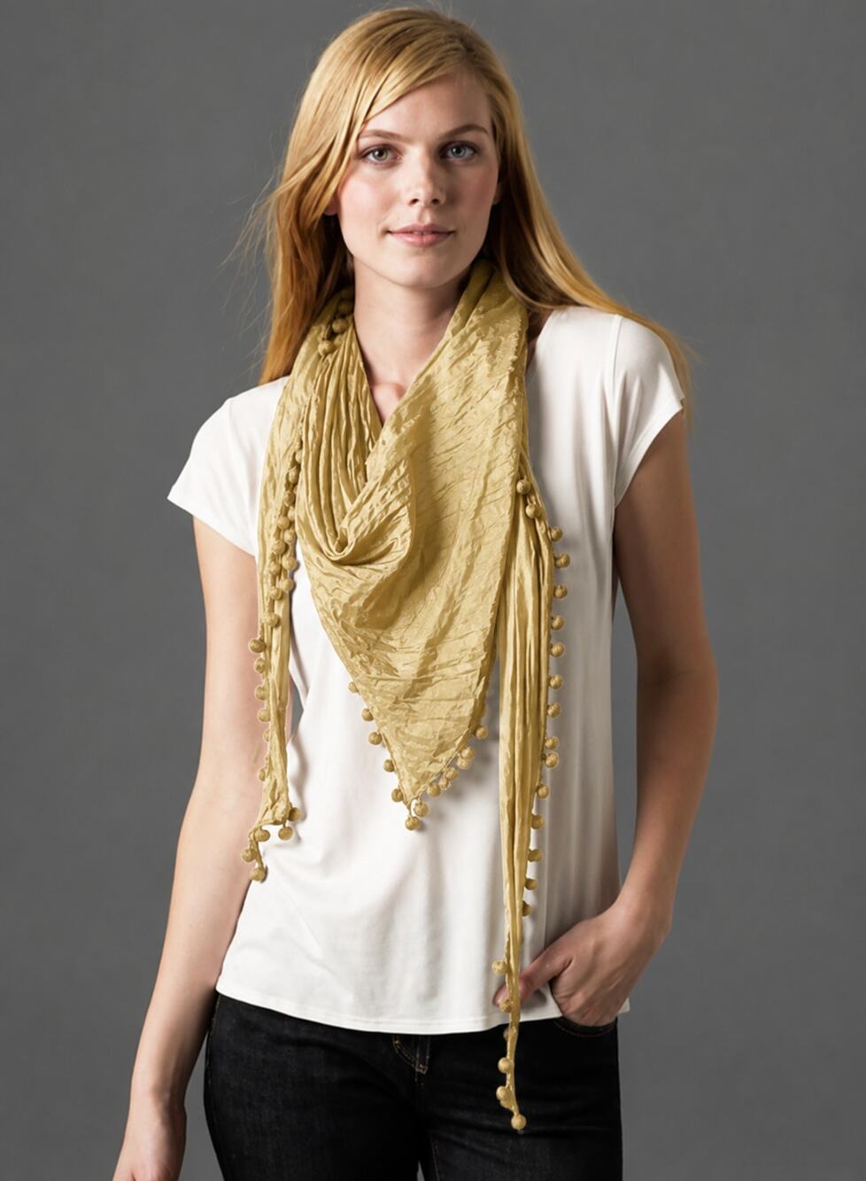 Eileen Fisher Scarf Womens OS Gold Yellow Crushed Silk Triangular Pom Pom Trim